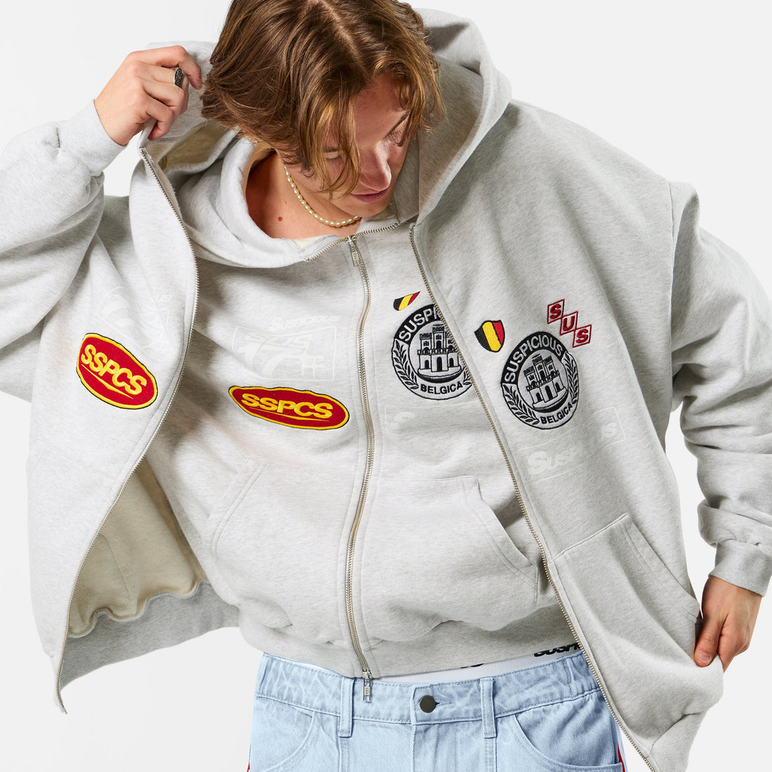 Off Season / Badge Line Up Zip-Up Hoodie - Ash
