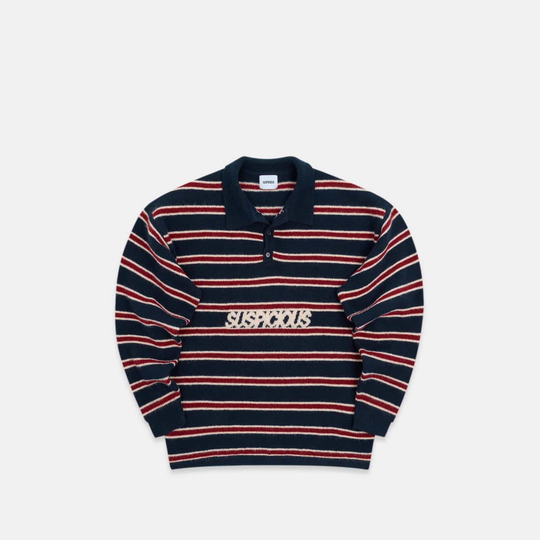 PL / Striped Knitted Longsleeve Polo - Navy & Red