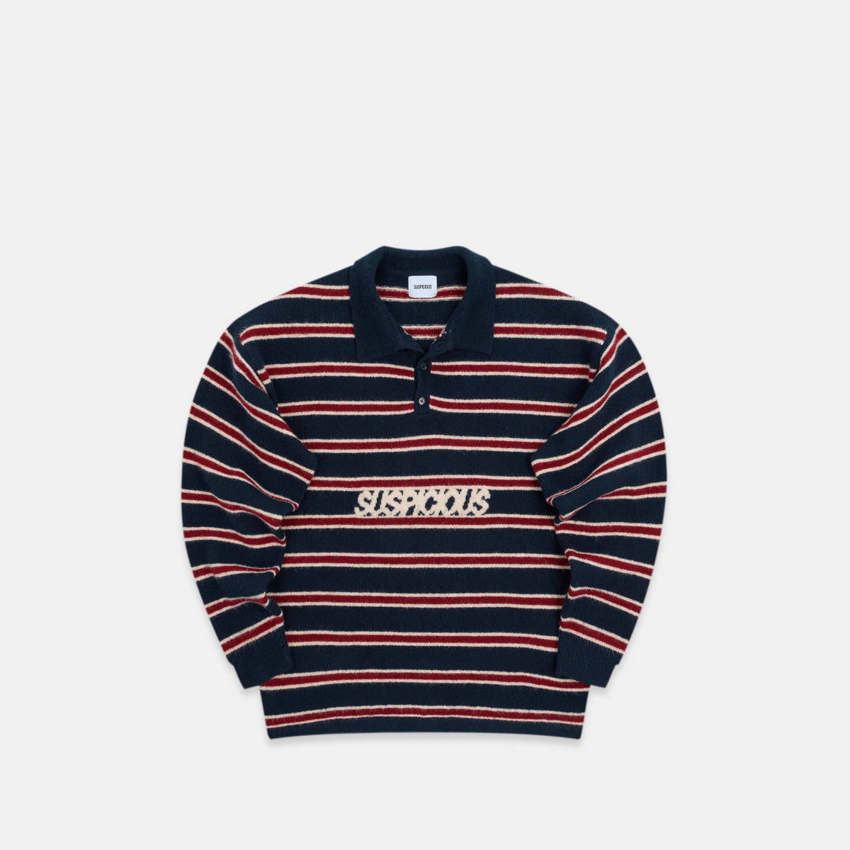 PL / Striped Knitted Longsleeve Polo - Navy & Red